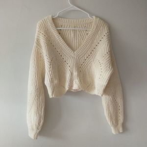 Anthropologie Women Crop Top Sweater M Ivory Open Chunky Knit Scallop Trim Boxy